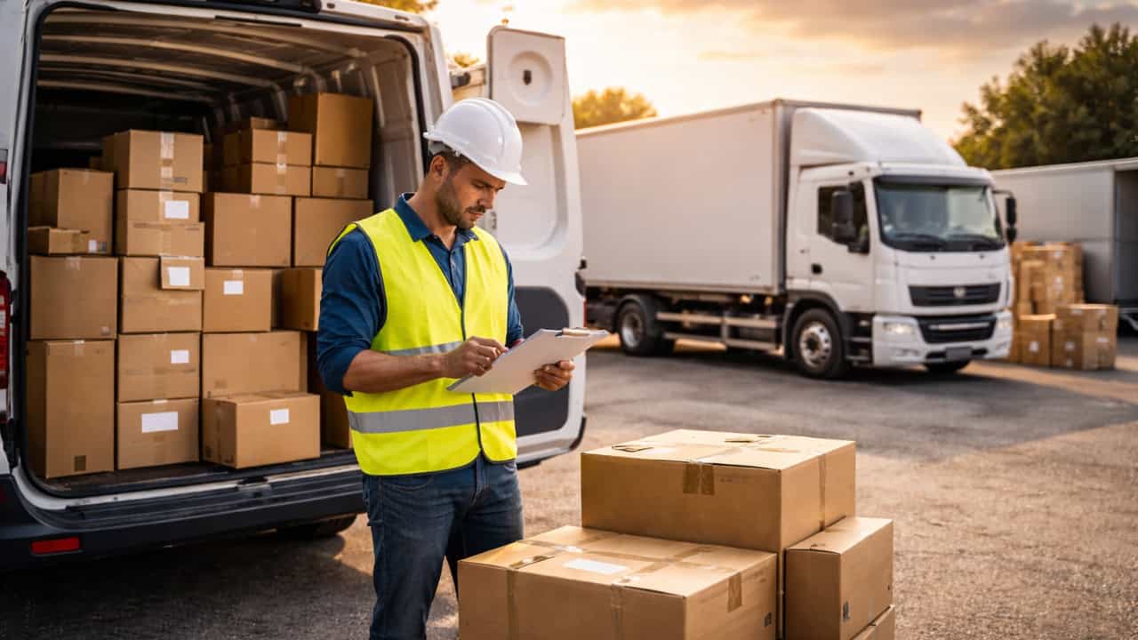 Delivery worker checking boxes beside van and lorry