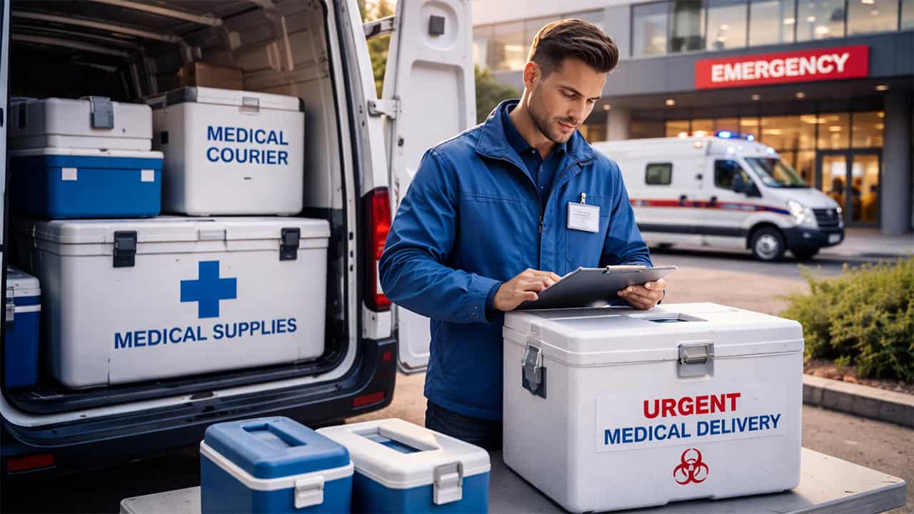 Medical courier preparing urgent supplies outside hospital
